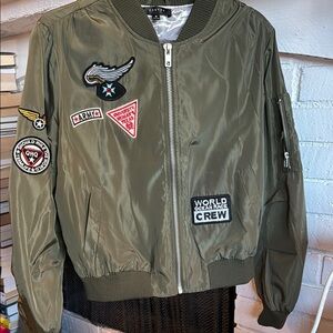 Womens Olive Bomber Jacket with Patches